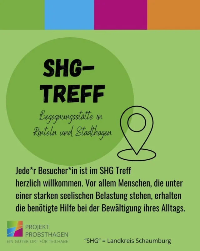 Der SHG-Treff ist ein offenes Angebot mit Sitz in Stadthagen und Rinteln. 
Er richtet sich an alle Menschen,  die seelisch belastet sind und Lust haben mit Gleichgesinnten in Kontakt zu kommen sowie an verschiedensten Aktivitäten,  Mahlzeiten und Ausflügen teilzunehmen. 

Mehr Informationen findet ihr auf unserer Website. 😀