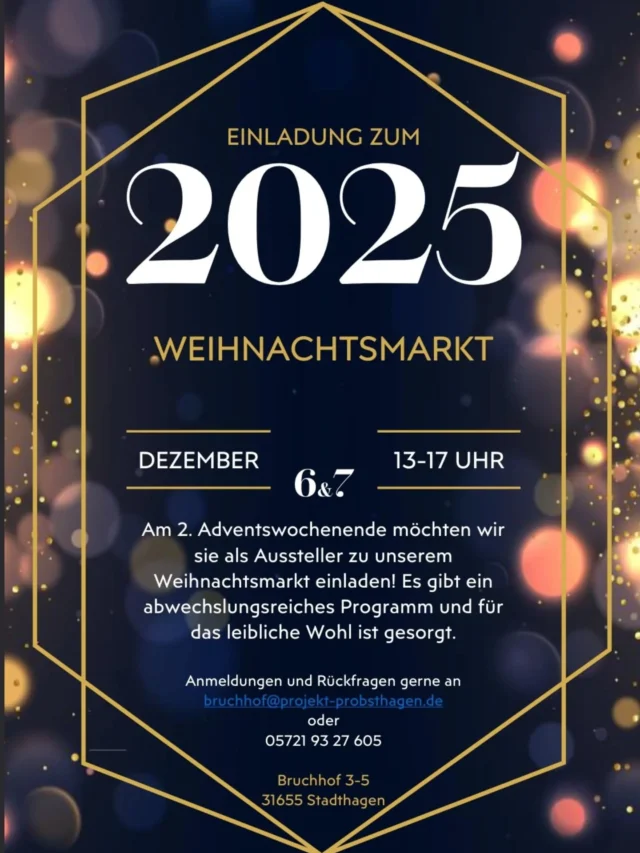Wir freuen uns euch mitteilen zu dürfen das ihr euch ab heute für unseren schönen Weihnachtsmarkt als Aussteller anmelden könnt.
Der Weihnachtsmarkt findet am 06. und 07.12.25 von 13 Uhr bis 17 Uhr statt.