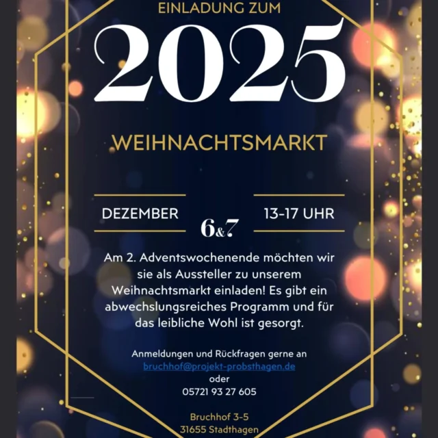 Wir freuen uns euch mitteilen zu dürfen, dass ihr euch beim Betriebsteil des @bruchhof_projekt_probsthagen ab sofort als Aussteller für ihren schönen Weihnachtsmarkt anmelden könnt.

Der Weihnachtsmarkt findet am 06. und 07.12.25 von 13 Uhr bis 17 Uhr statt.