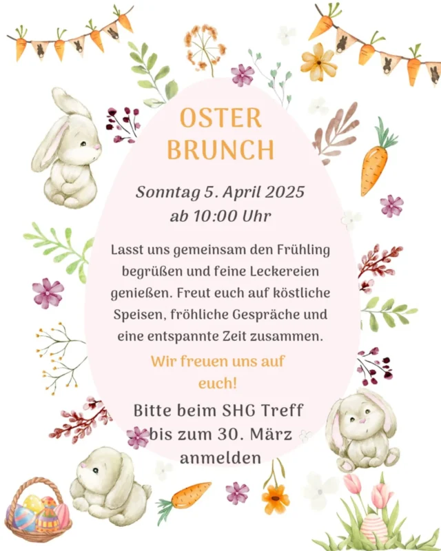 Am Ostersonntag den 05.04. veranstaltet der Treff ein Brunch mit vielen verschiedenen Leckereien.  Für die Teilnahme zwischen 10 und 13:00 ist ein kleiner Beitrag von 3€ erforderlich. 
Da die Plätze begrenzt sind, ist eine verbindliche Anmeldung notwendig. 

#osterbrunch #gemeinsamgegendepression #gemeinsamgegeneinsam #gemeinschaft