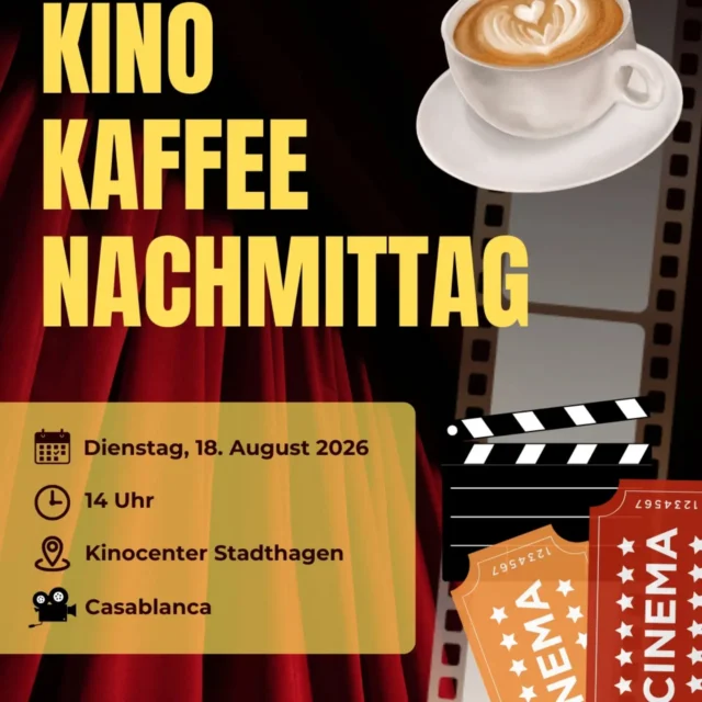 Wir möchten euch auf den nächsten Kino Kaffee Nachmittag hinweisen. Am Dienstag den 18. August wird der Klassiker "Casablanca" gezeigt. Treffen ist ab 14 Uhr vorm @kinoschaumburg in Stadthagen.
Wir wünschen gute Unterhaltung!

#kinoschaumburg #Kinonachmittag #gemeinsamgegeneinsam
