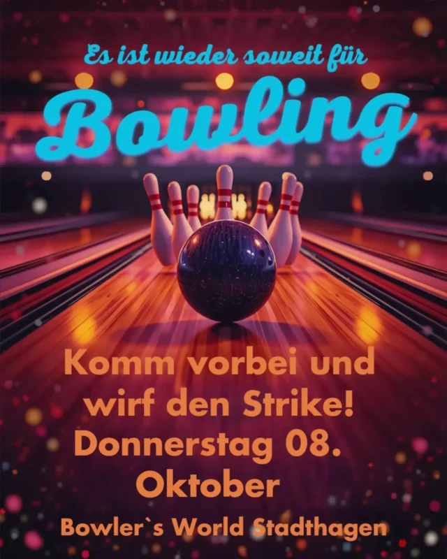 Wieder Zeit für Bowling!
Am 08.10. in der Bowler's World Stadthagen.  Treffen ist entweder um 17:30 dort oder 15 Minuten früher beim Treff in der Marienstraße 1a.
Anmeldung möglich unter 05721/8204326
Die Kosten betragen 5€

#bowling #stadthagen #gemeinsamgegendepression